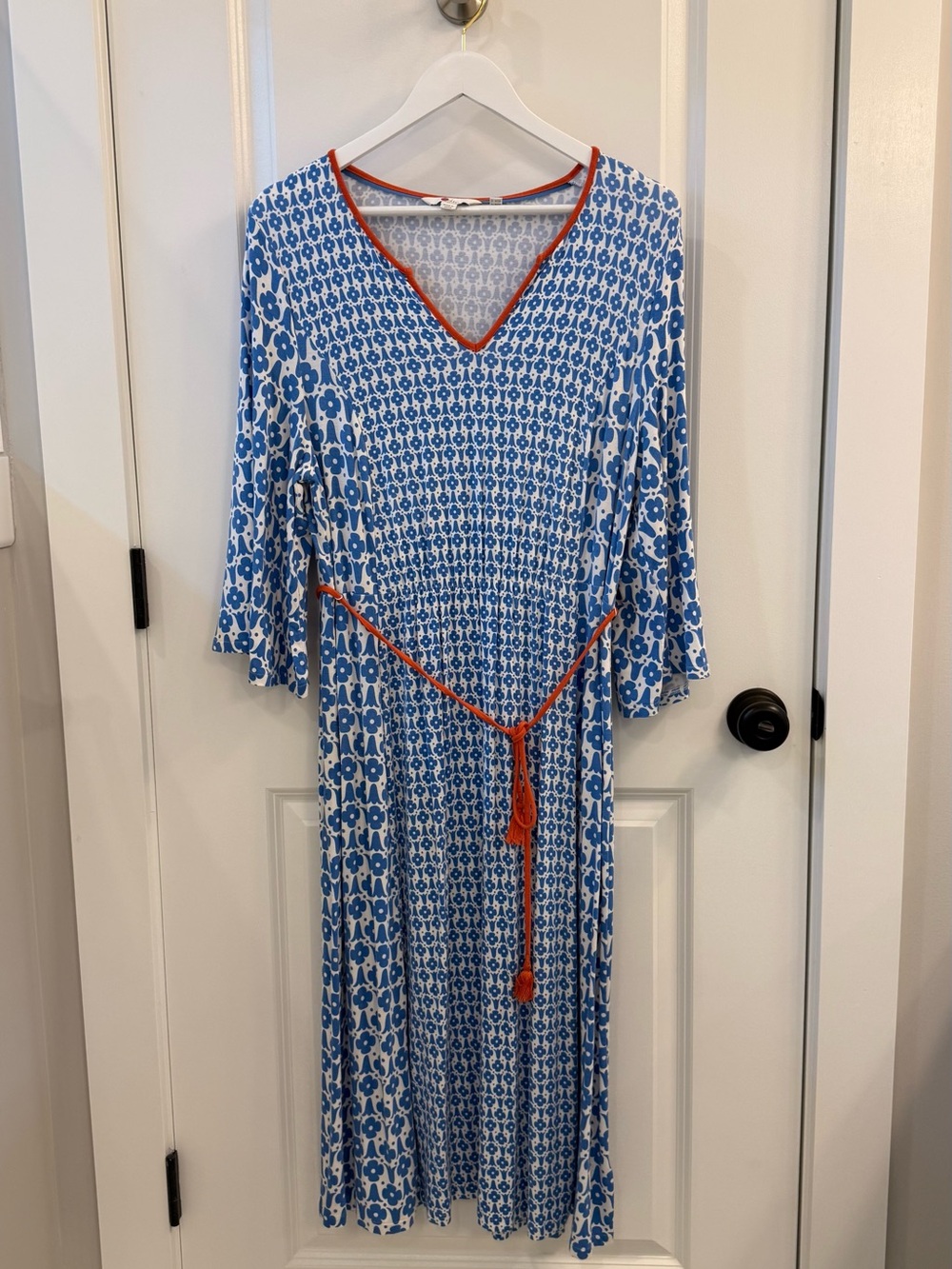 Boden Blue and White Printed V‑Neck Maxi Dress with Orange Trim and Tassel Belt
